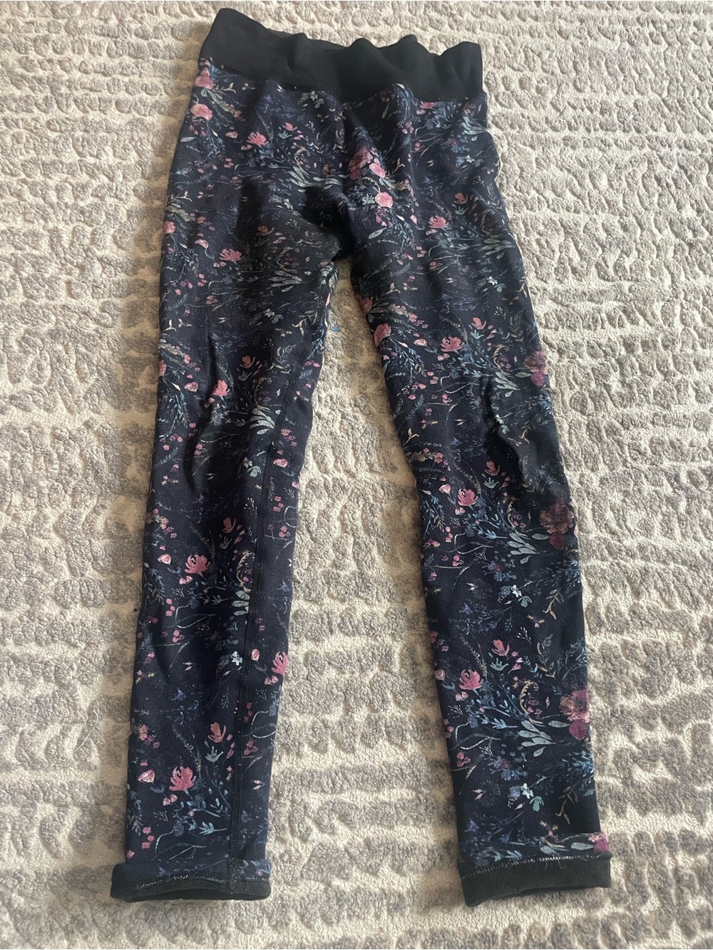 Girls' Floral Black Leggings with Pink Accents - Stretchy Everyday Wear